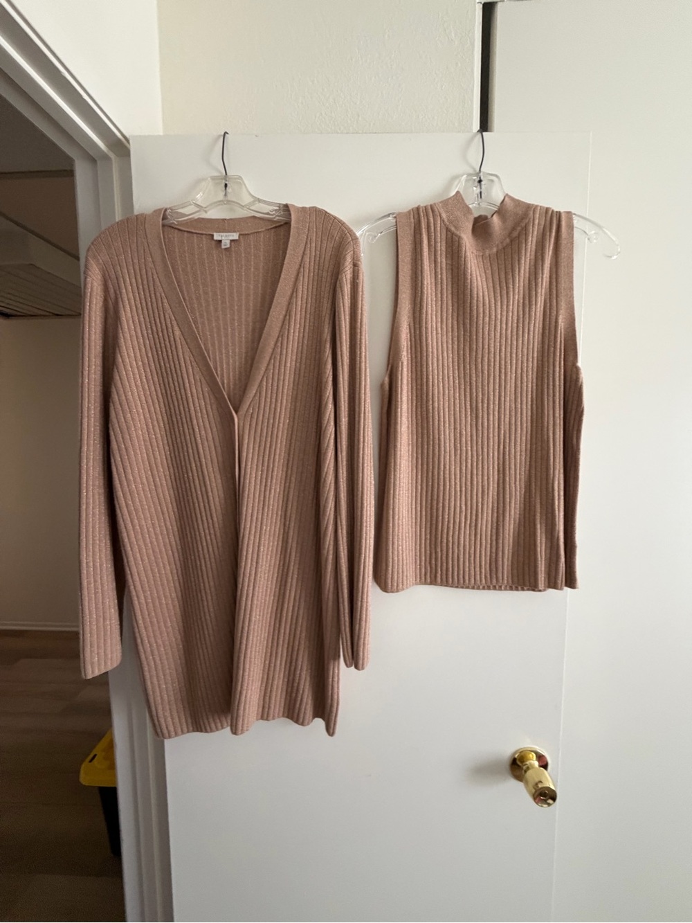 Talbots Ribbed Button-Front Cardigan Sweater Set - Tan - Picture 6 of 9